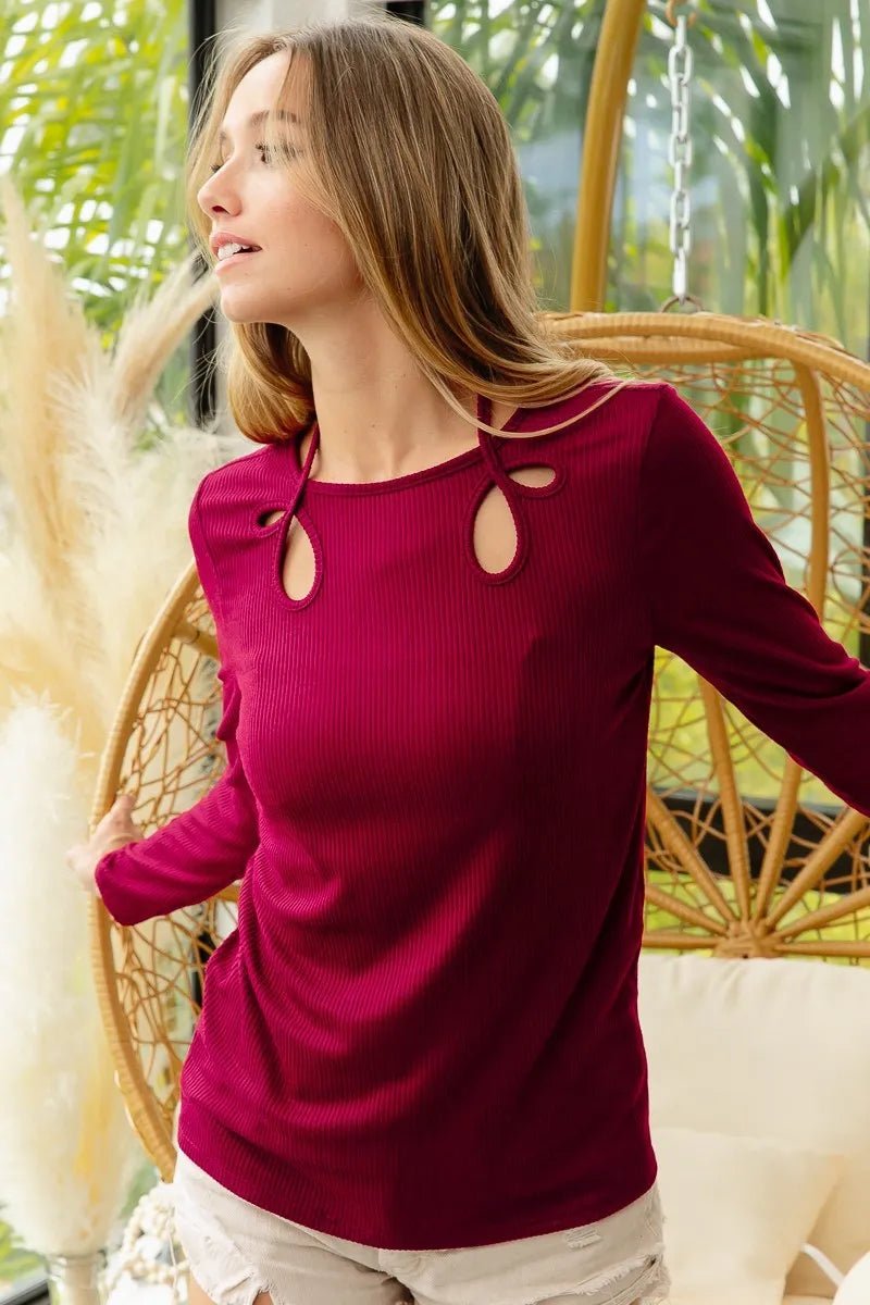BiBi Rib Knit With Cut Out and Tied Neck Detailed Top - Love Salve